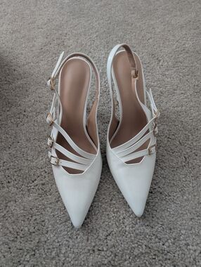 White Pointed Toe Faux Gold Buckle Slingback Heels Size 37 (6.5)